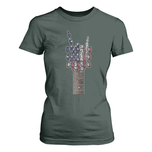 Rock On Skeleton Hand Guitar T Shirt For Women Retro American Flag Heavy Metal Guitarist TS10 Dark Forest Green Print Your Wear