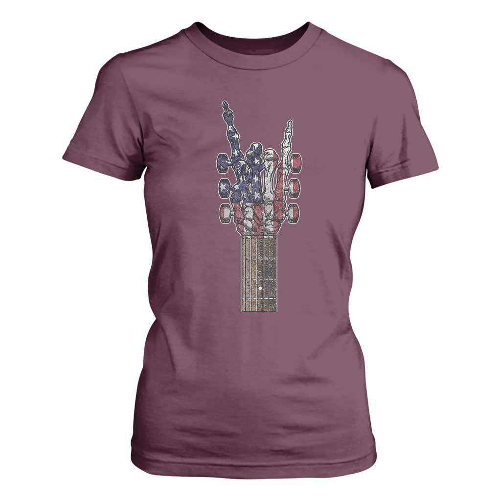 Rock On Skeleton Hand Guitar T Shirt For Women Retro American Flag Heavy Metal Guitarist TS10 Maroon Print Your Wear