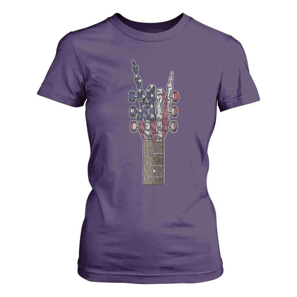 Rock On Skeleton Hand Guitar T Shirt For Women Retro American Flag Heavy Metal Guitarist TS10 Purple Print Your Wear