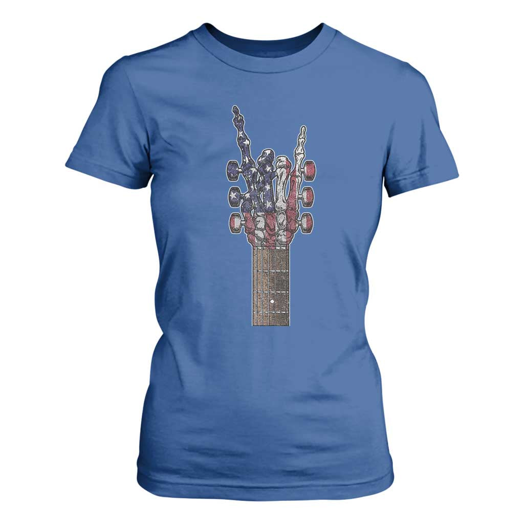 Rock On Skeleton Hand Guitar T Shirt For Women Retro American Flag Heavy Metal Guitarist TS10 Royal Blue Print Your Wear
