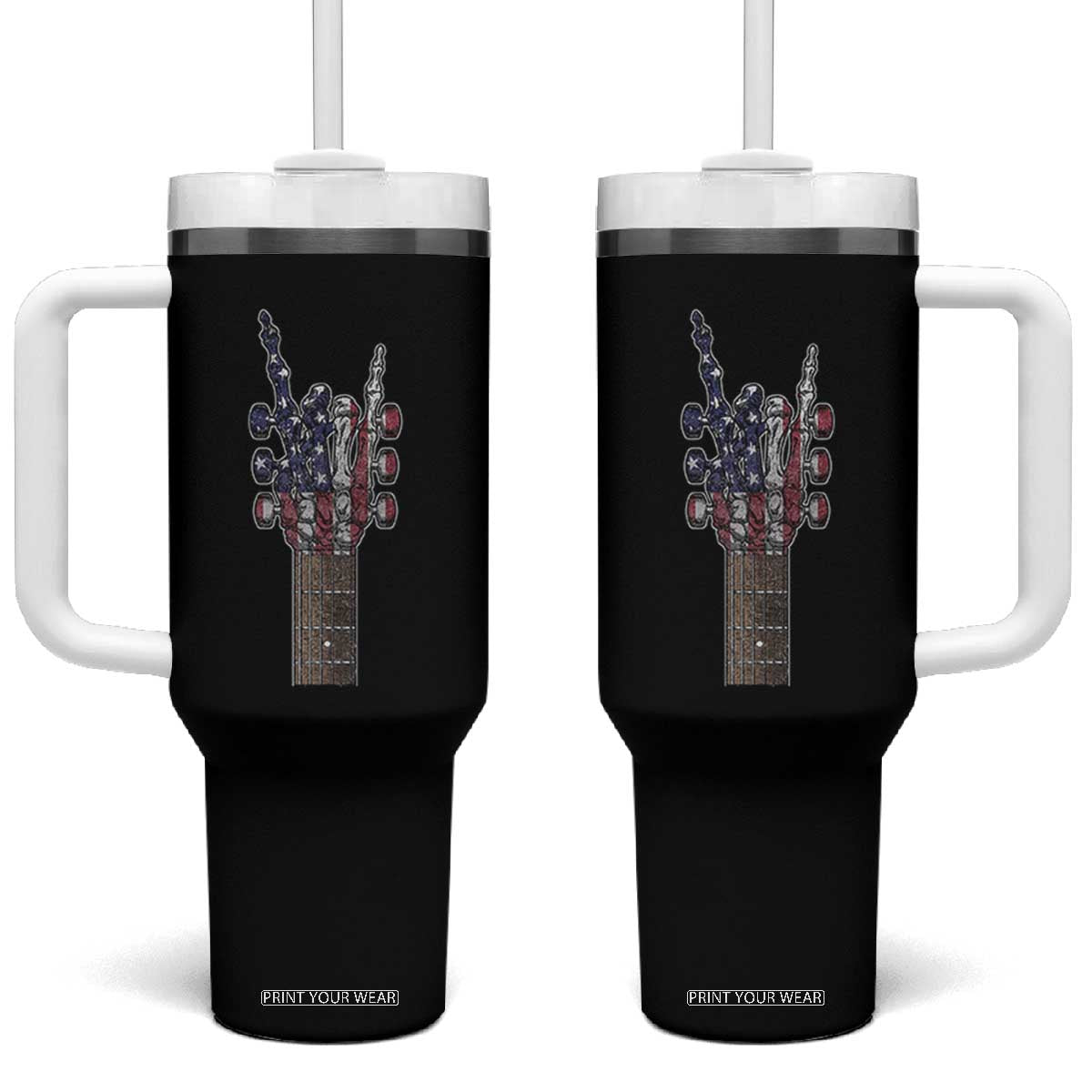 Rock On Skeleton Hand Guitar Tumbler With Handle Retro American Flag Heavy Metal Guitarist TS10 One Size: 40 oz Black Print Your Wear
