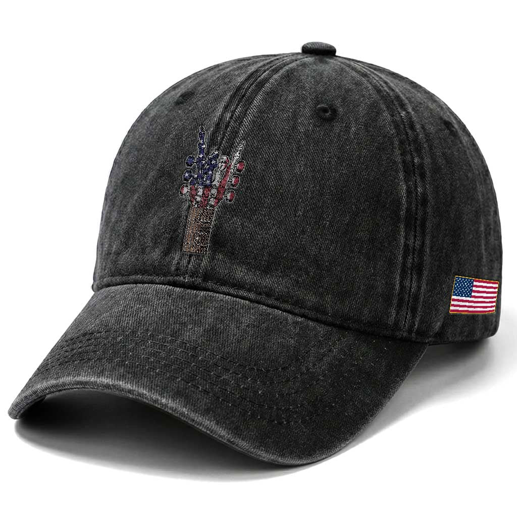 Rock On Skeleton Hand Guitar Washed Cotton Baseball Cap Retro American Flag Heavy Metal Guitarist TS10 Print Your Wear