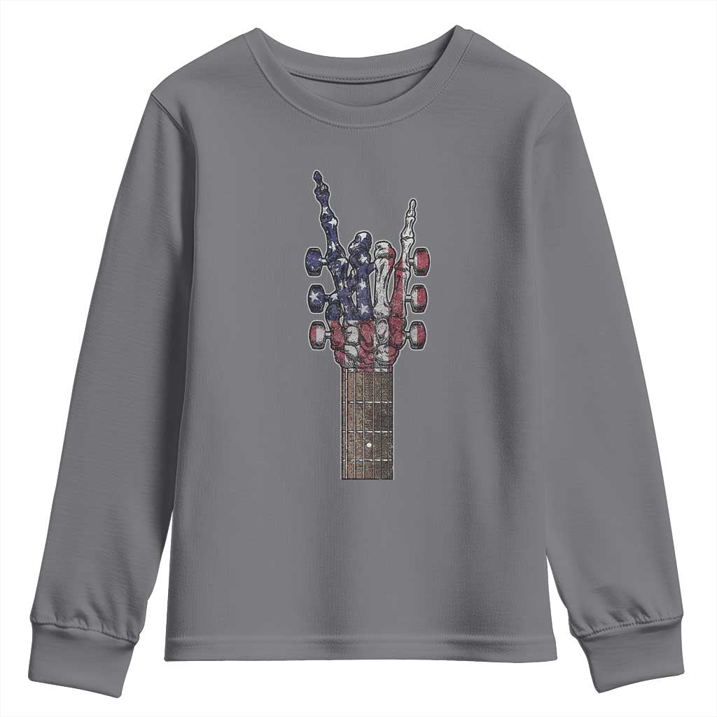 Rock On Skeleton Hand Guitar Youth Sweatshirt Retro American Flag Heavy Metal Guitarist TS10 Charcoal Print Your Wear
