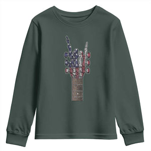 Rock On Skeleton Hand Guitar Youth Sweatshirt Retro American Flag Heavy Metal Guitarist TS10 Dark Forest Green Print Your Wear