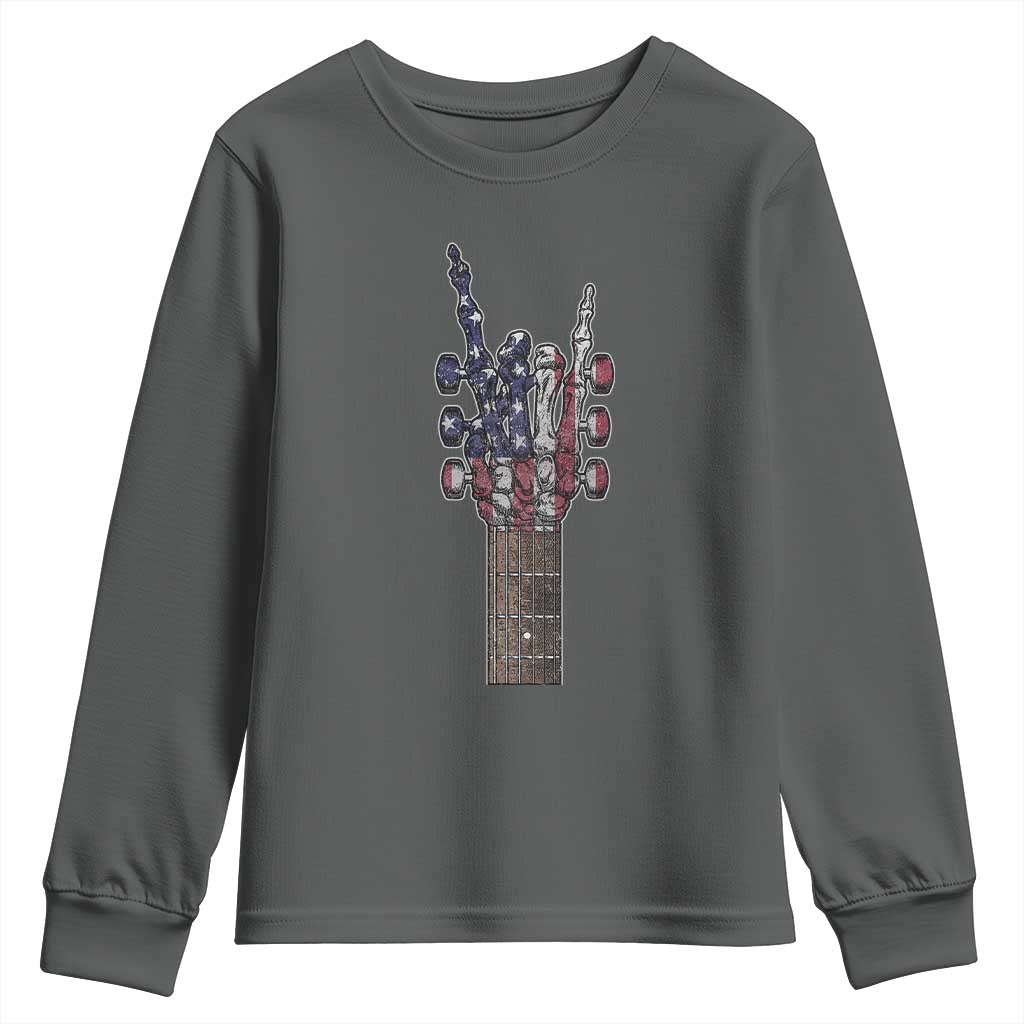 Rock On Skeleton Hand Guitar Youth Sweatshirt Retro American Flag Heavy Metal Guitarist TS10 Dark Heather Print Your Wear