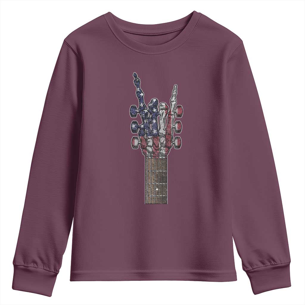 Rock On Skeleton Hand Guitar Youth Sweatshirt Retro American Flag Heavy Metal Guitarist TS10 Maroon Print Your Wear