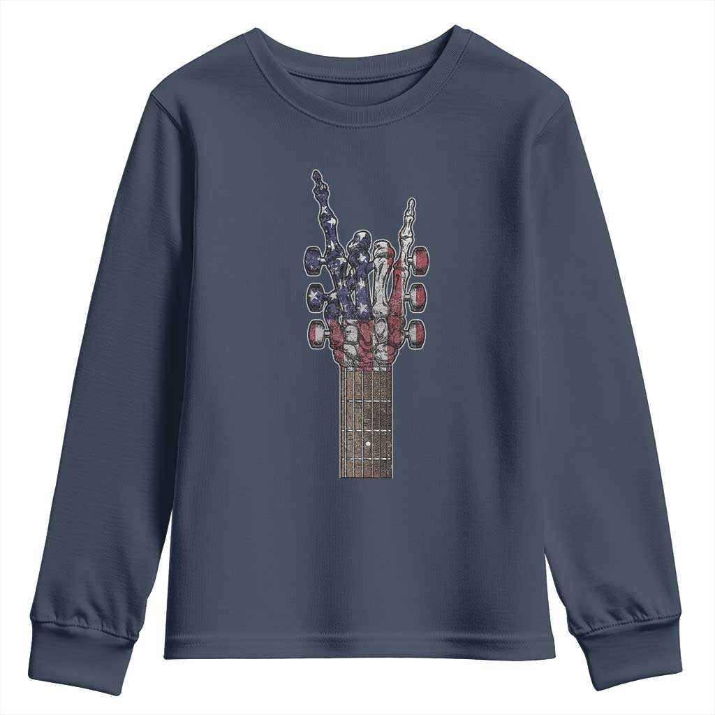Rock On Skeleton Hand Guitar Youth Sweatshirt Retro American Flag Heavy Metal Guitarist TS10 Navy Print Your Wear