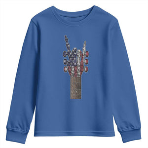 Rock On Skeleton Hand Guitar Youth Sweatshirt Retro American Flag Heavy Metal Guitarist TS10 Royal Blue Print Your Wear