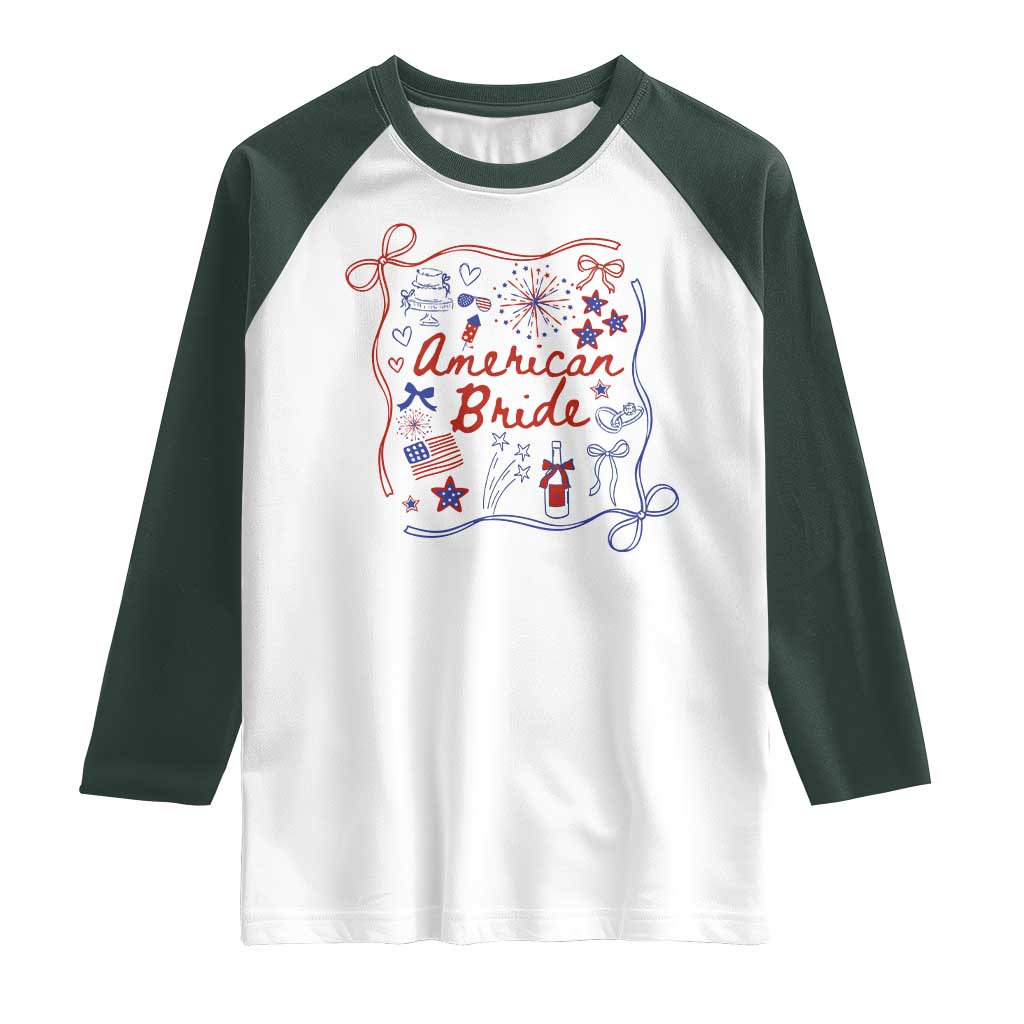 American Bride Bachelorette Party Raglan Shirt Coquette Bow 4th Of July TS10 White Dark Forest Green Print Your Wear