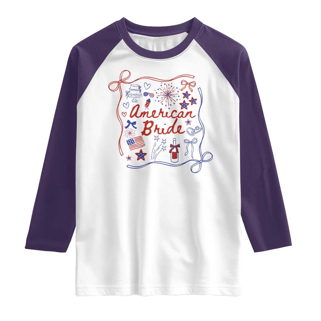 American Bride Bachelorette Party Raglan Shirt Coquette Bow 4th Of July TS10 White Purple Print Your Wear