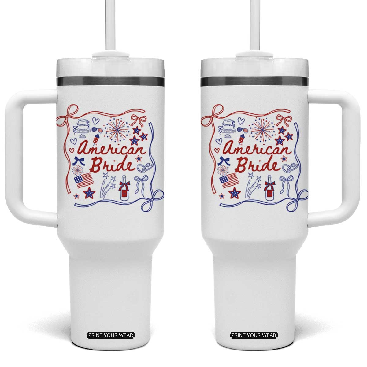 American Bride Bachelorette Party Tumbler With Handle Coquette Bow 4th Of July TS10 One Size: 40 oz White Print Your Wear