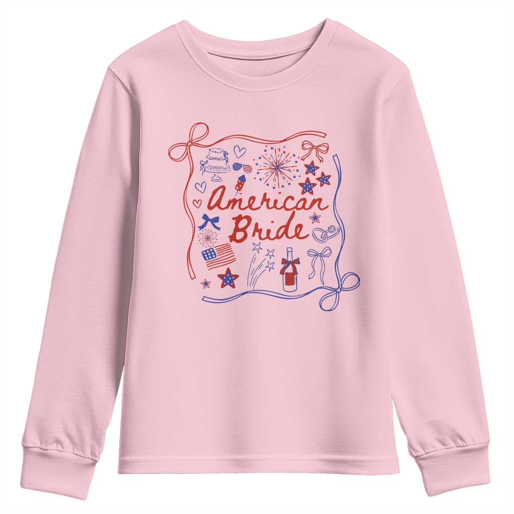 American Bride Bachelorette Party Youth Sweatshirt Coquette Bow 4th Of July TS10 Light Pink Print Your Wear