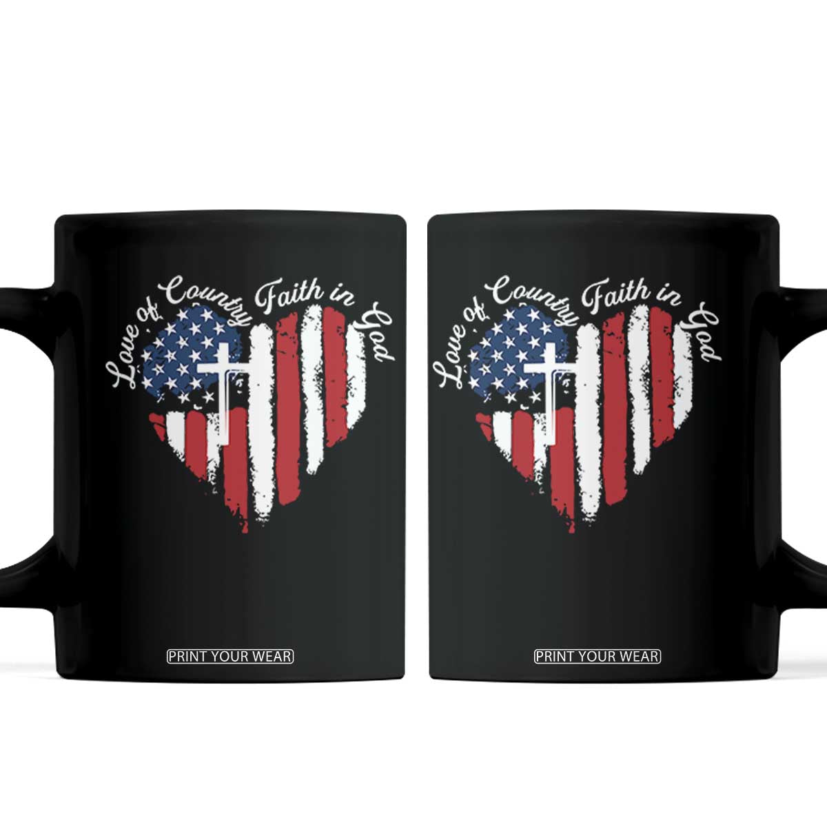 Patriotic Christian Coffee Mug Faith In God Heart Cross Flag 4th Of July Religious TS10 Black Print Your Wear