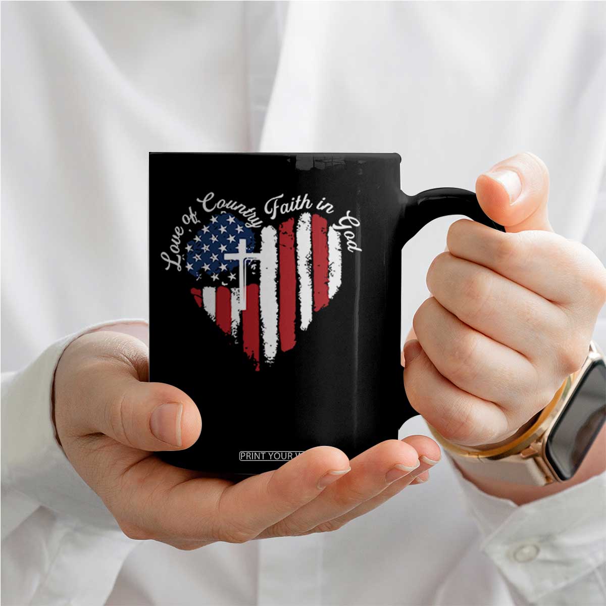 Patriotic Christian Coffee Mug Faith In God Heart Cross Flag 4th Of July Religious TS10 Print Your Wear