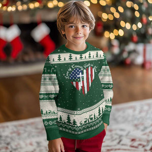 Patriotic Christian Ugly Christmas Sweater Faith In God Heart Cross Flag 4th Of July Religious TS10 Forest Green Beige Print Your Wear