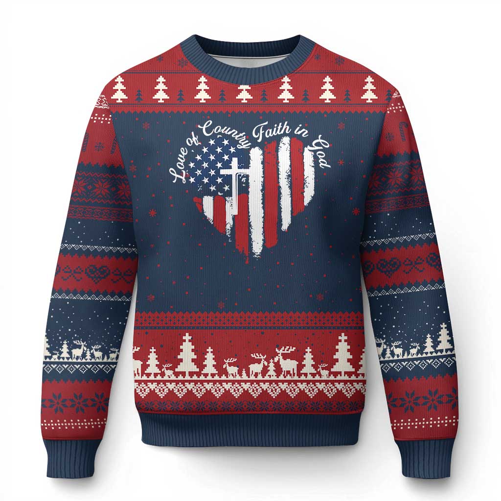 Patriotic Christian Ugly Christmas Sweater Faith In God Heart Cross Flag 4th Of July Religious TS10 Navy Red Print Your Wear