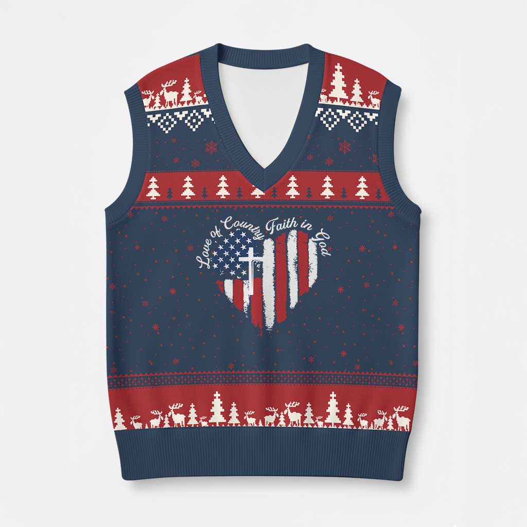 Patriotic Christian V-Neck Knit Sweater Vest Faith In God Heart Cross Flag 4th Of July Religious TS10 Navy Red Print Your Wear