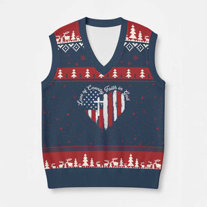 Patriotic Christian V-Neck Knit Sweater Vest Faith In God Heart Cross Flag 4th Of July Religious TS10 Navy Red Print Your Wear