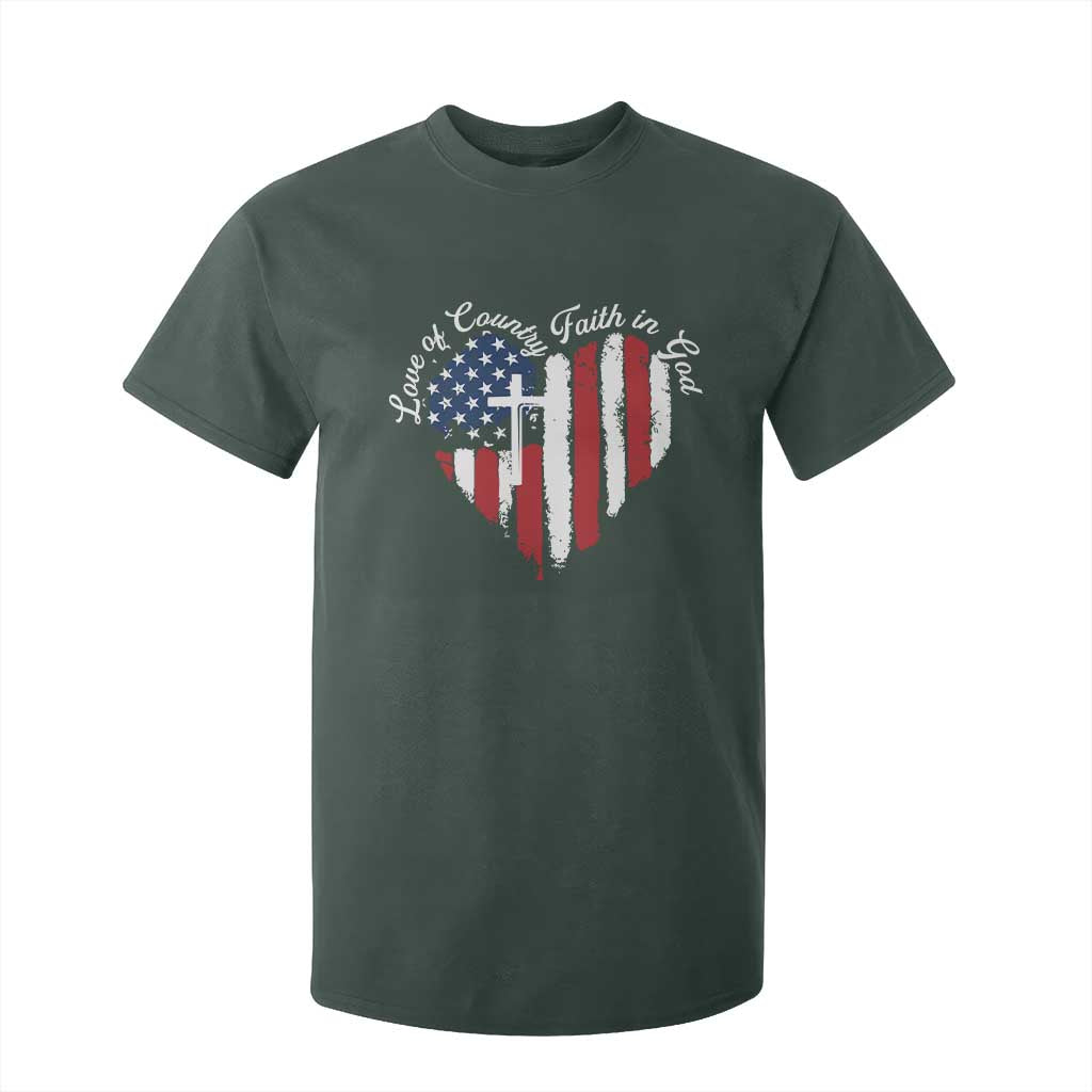Patriotic Christian T Shirt For Kid Faith In God Heart Cross Flag 4th Of July Religious TS10 Dark Forest Green Print Your Wear