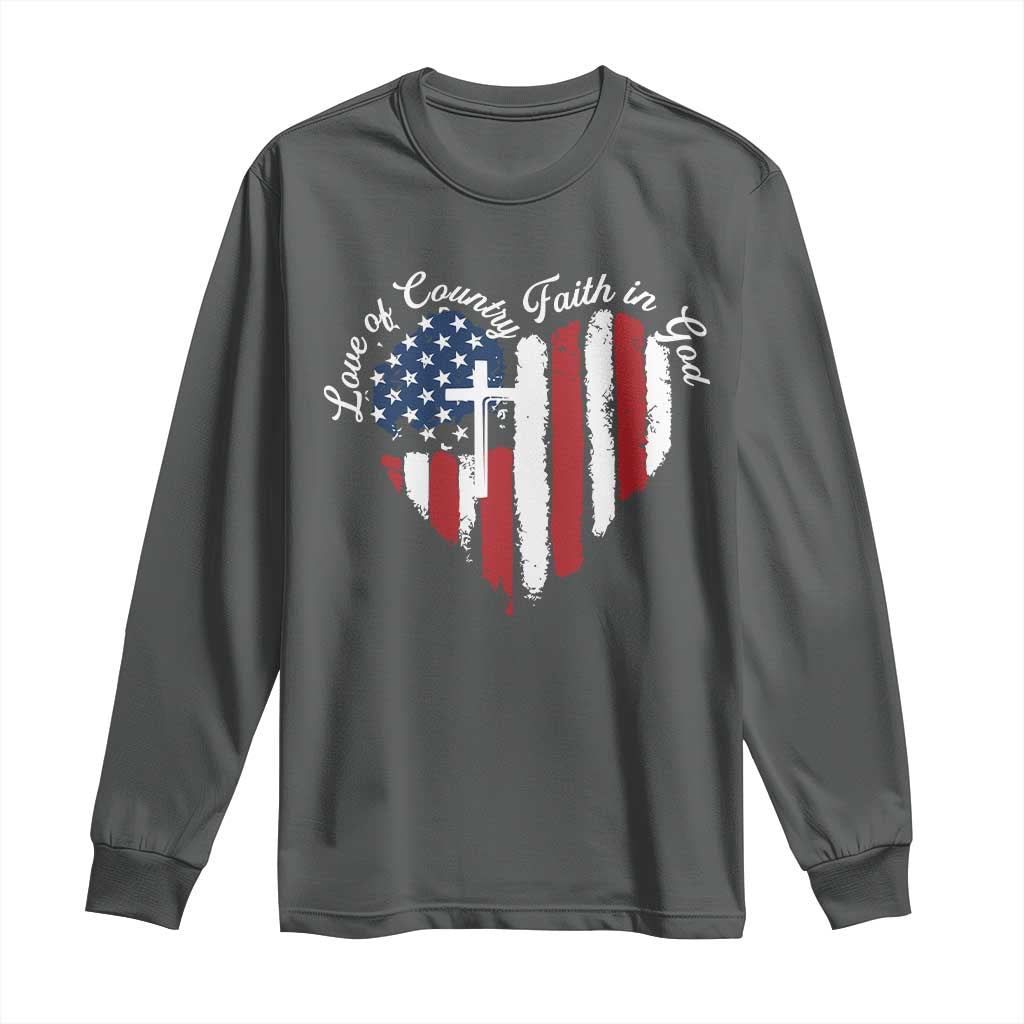 Patriotic Christian Long Sleeve Shirt Faith In God Heart Cross Flag 4th Of July Religious TS10 Dark Heather Print Your Wear