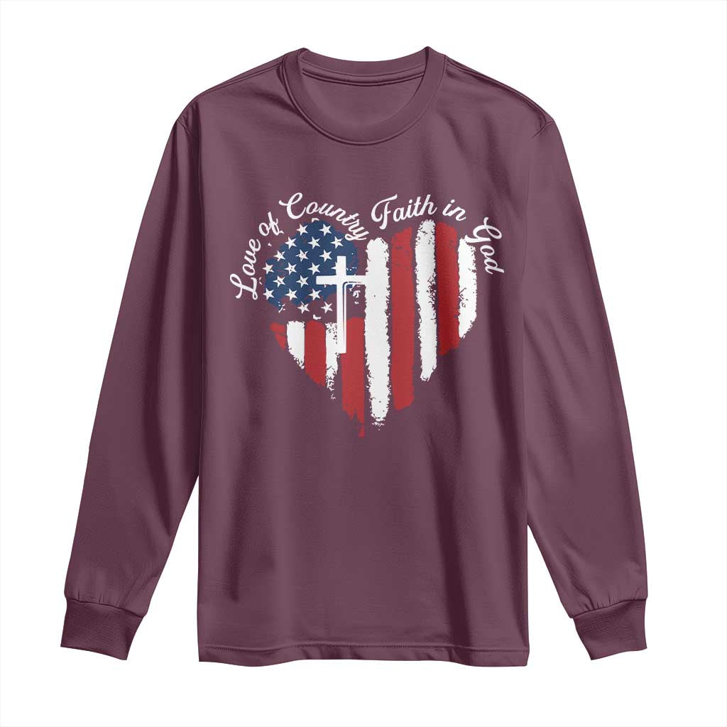 Patriotic Christian Long Sleeve Shirt Faith In God Heart Cross Flag 4th Of July Religious TS10 Maroon Print Your Wear