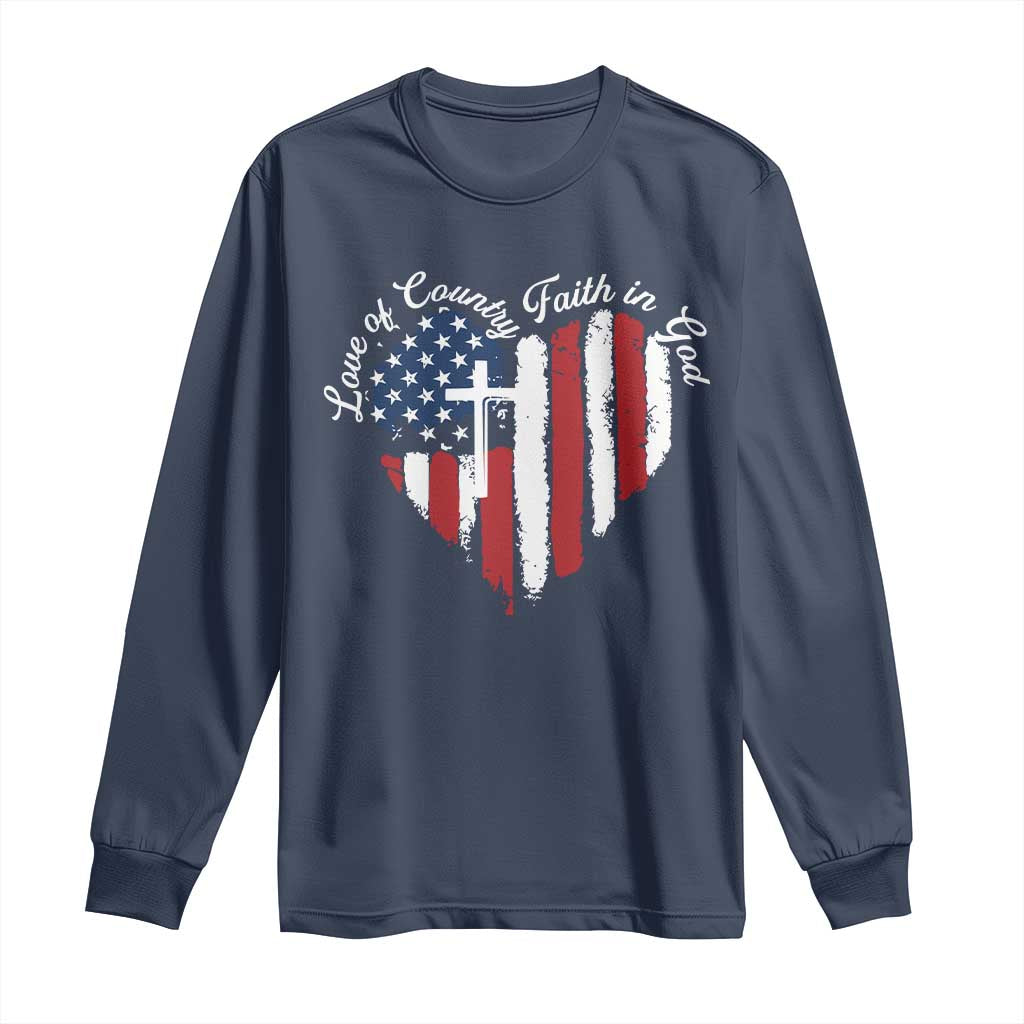Patriotic Christian Long Sleeve Shirt Faith In God Heart Cross Flag 4th Of July Religious TS10 Navy Print Your Wear