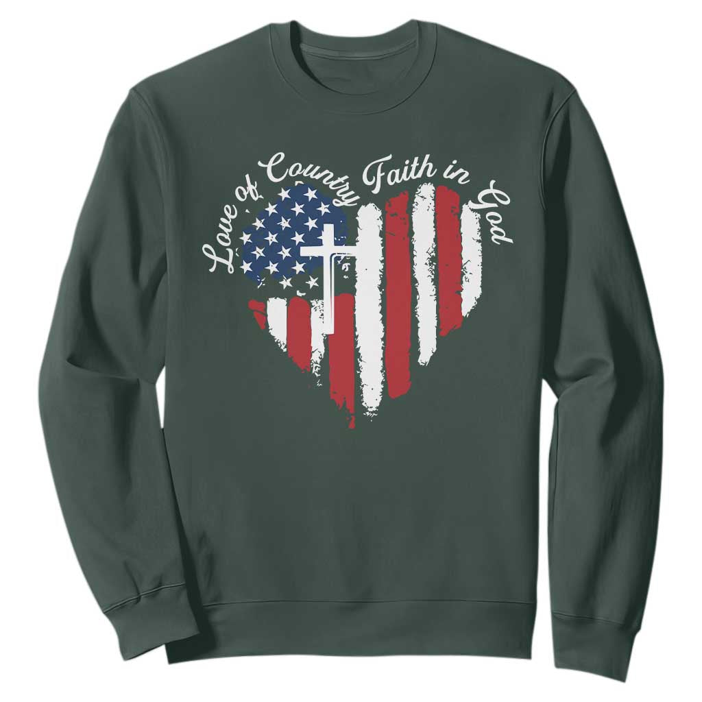 Patriotic Christian Sweatshirt Faith In God Heart Cross Flag 4th Of July Religious TS10 Dark Forest Green Print Your Wear