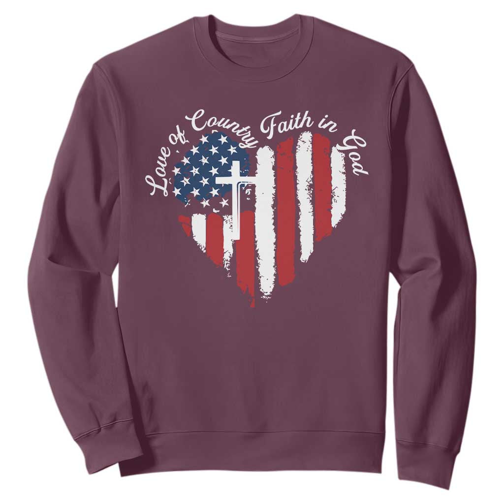 Patriotic Christian Sweatshirt Faith In God Heart Cross Flag 4th Of July Religious TS10 Maroon Print Your Wear