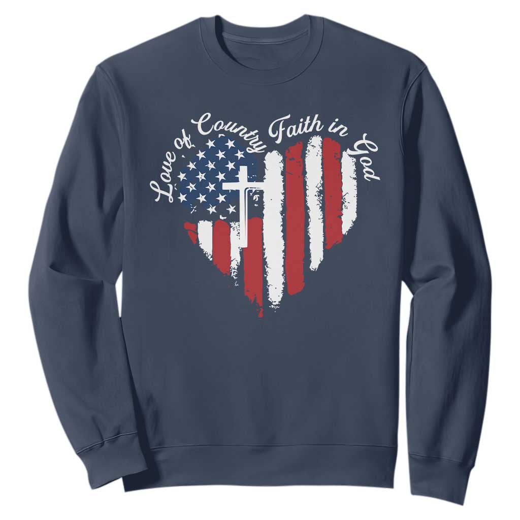 Patriotic Christian Sweatshirt Faith In God Heart Cross Flag 4th Of July Religious TS10 Navy Print Your Wear