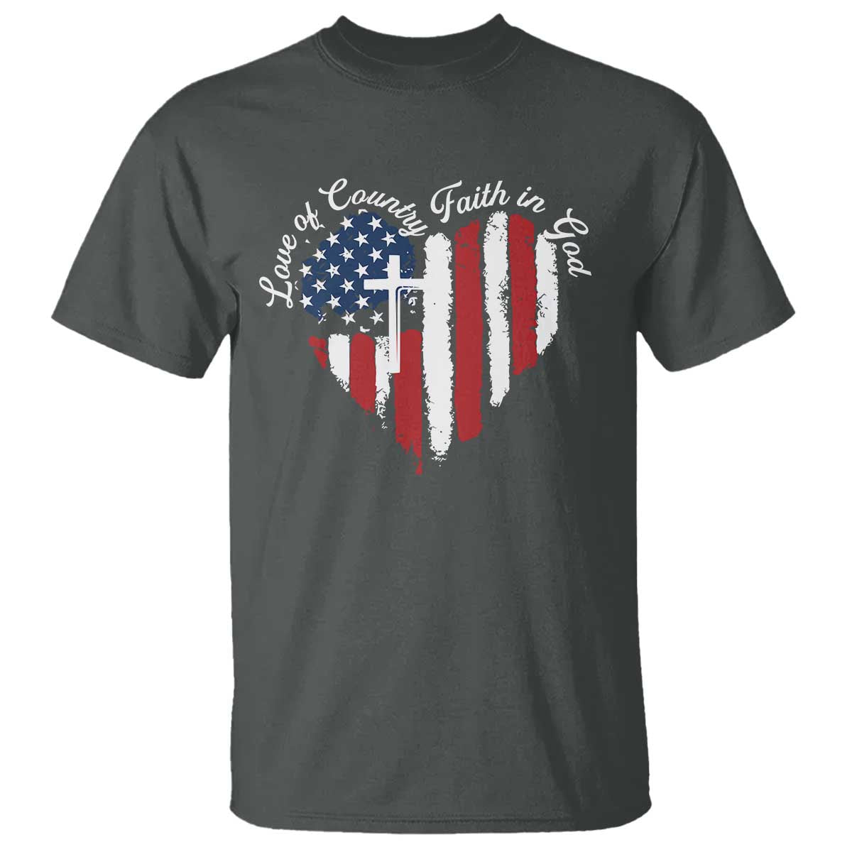 Patriotic Christian T Shirt Faith In God Heart Cross Flag 4th Of July Religious TS10 Dark Heather Print Your Wear