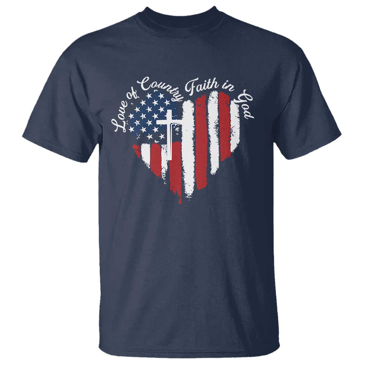 Patriotic Christian T Shirt Faith In God Heart Cross Flag 4th Of July Religious TS10 Navy Print Your Wear