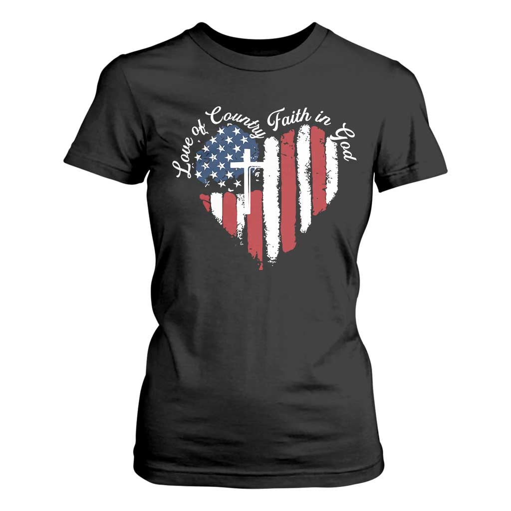 Patriotic Christian T Shirt For Women Faith In God Heart Cross Flag 4th Of July Religious TS10 Black Print Your Wear