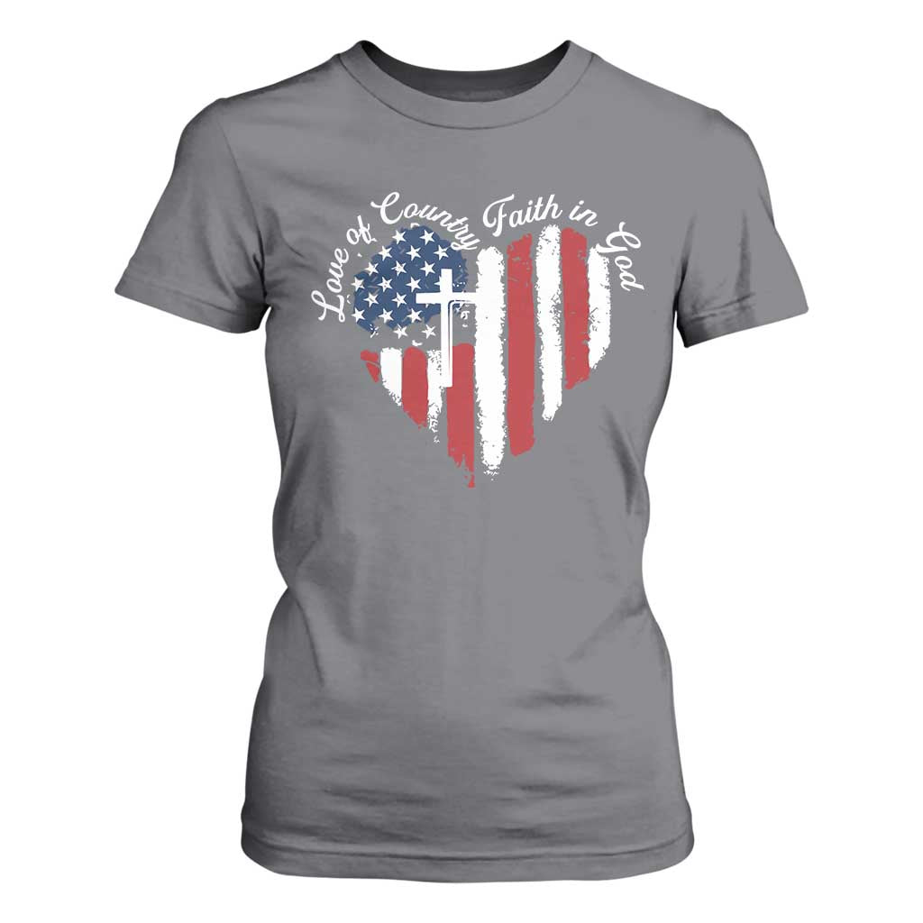 Patriotic Christian T Shirt For Women Faith In God Heart Cross Flag 4th Of July Religious TS10 Charcoal Print Your Wear