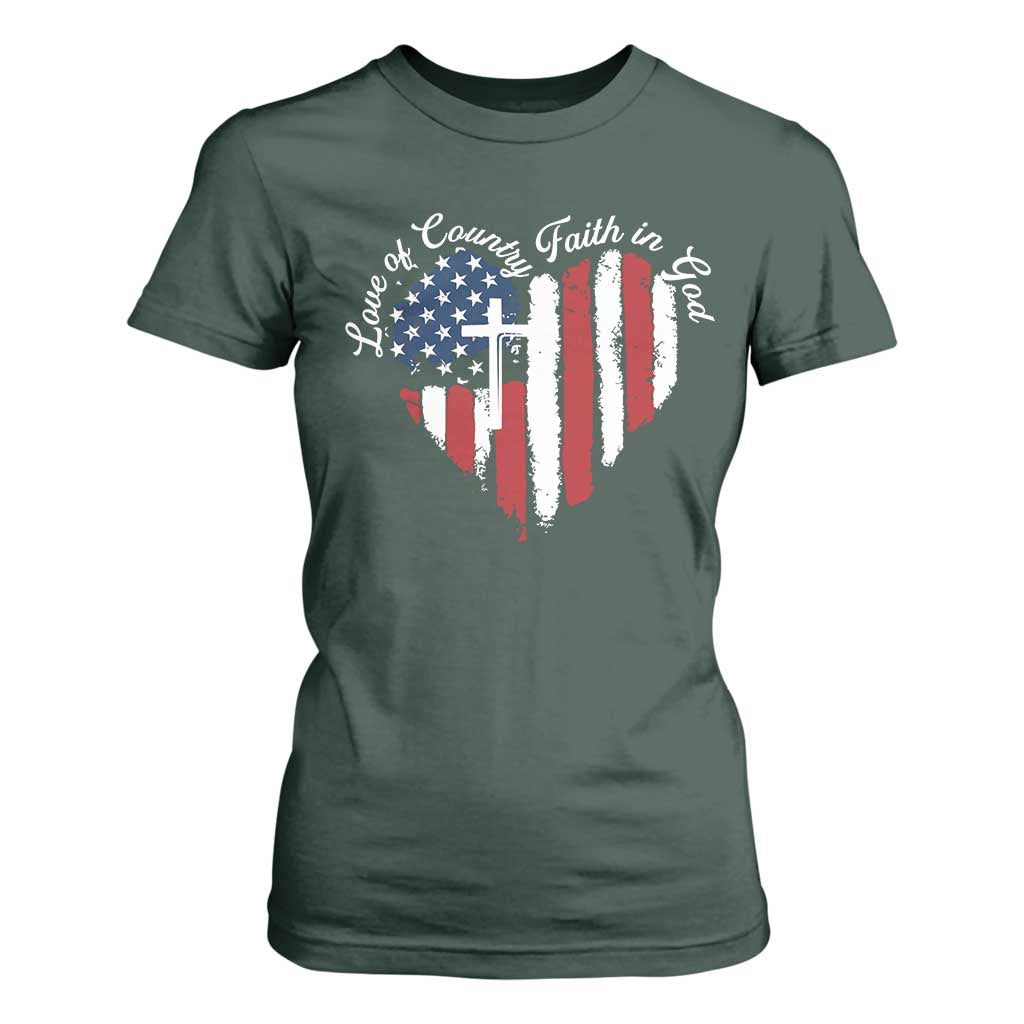 Patriotic Christian T Shirt For Women Faith In God Heart Cross Flag 4th Of July Religious TS10 Dark Forest Green Print Your Wear