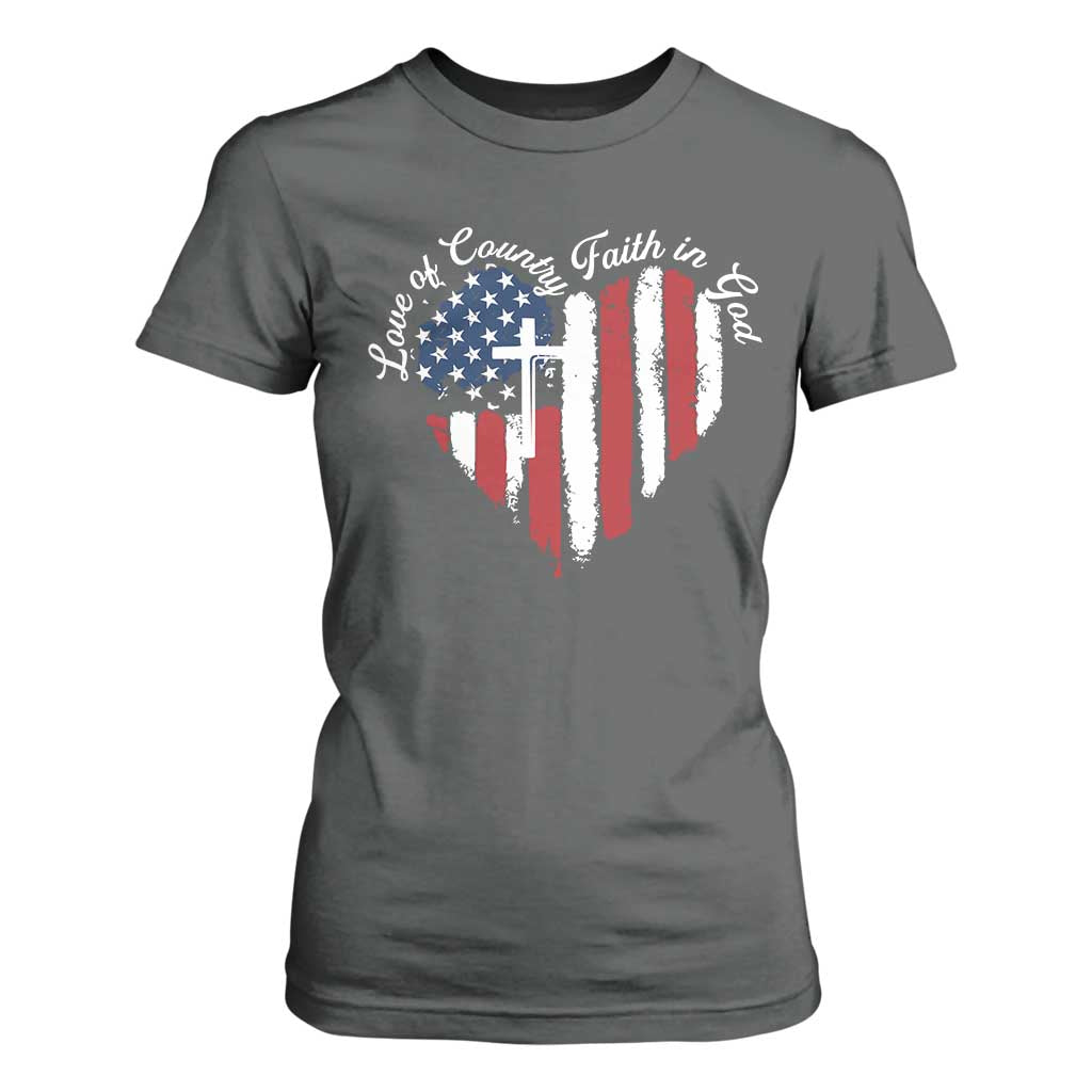 Patriotic Christian T Shirt For Women Faith In God Heart Cross Flag 4th Of July Religious TS10 Dark Heather Print Your Wear