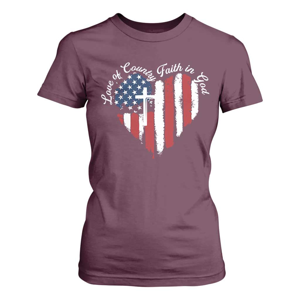 Patriotic Christian T Shirt For Women Faith In God Heart Cross Flag 4th Of July Religious TS10 Maroon Print Your Wear