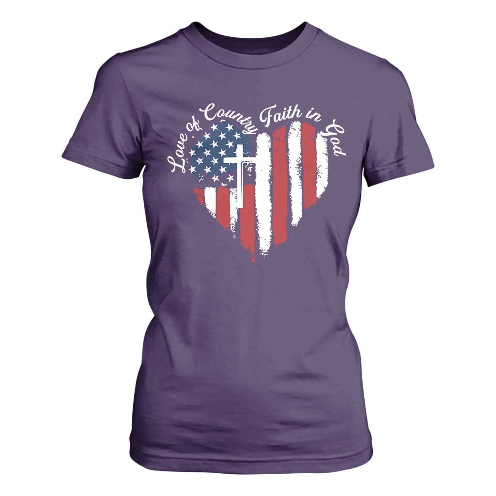 Patriotic Christian T Shirt For Women Faith In God Heart Cross Flag 4th Of July Religious TS10 Purple Print Your Wear