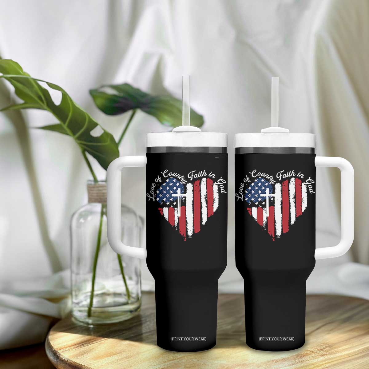 Patriotic Christian Tumbler With Handle Faith In God Heart Cross Flag 4th Of July Religious TS10 Print Your Wear