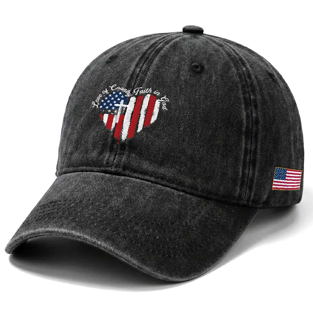 Patriotic Christian Washed Cotton Baseball Cap Faith In God Heart Cross Flag 4th Of July Religious TS10 Print Your Wear