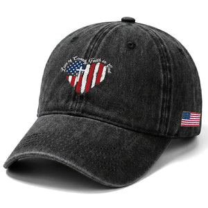 Patriotic Christian Washed Cotton Baseball Cap Faith In God Heart Cross Flag 4th Of July Religious TS10 Print Your Wear