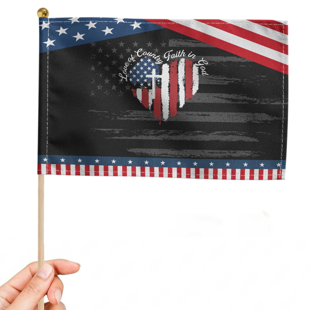 Christian Patriotic Handheld Flag Faith In God Heart Cross Flag 4th Of July Religious TS10 Distressed 8.2