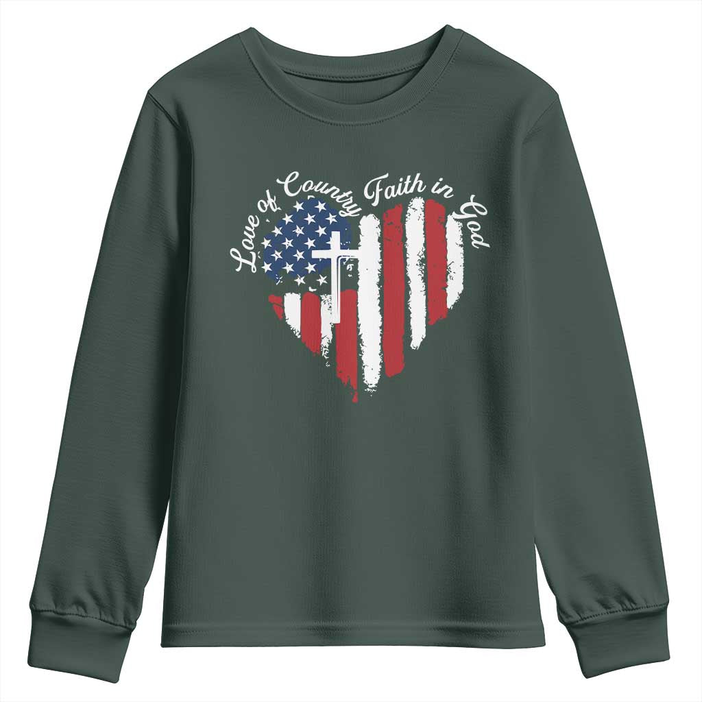 Patriotic Christian Youth Sweatshirt Faith In God Heart Cross Flag 4th Of July Religious TS10 Dark Forest Green Print Your Wear