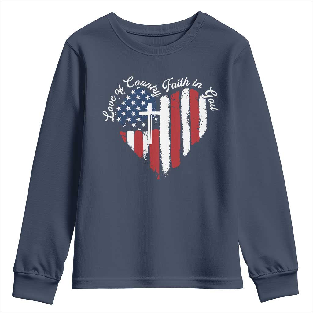 Patriotic Christian Youth Sweatshirt Faith In God Heart Cross Flag 4th Of July Religious TS10 Navy Print Your Wear