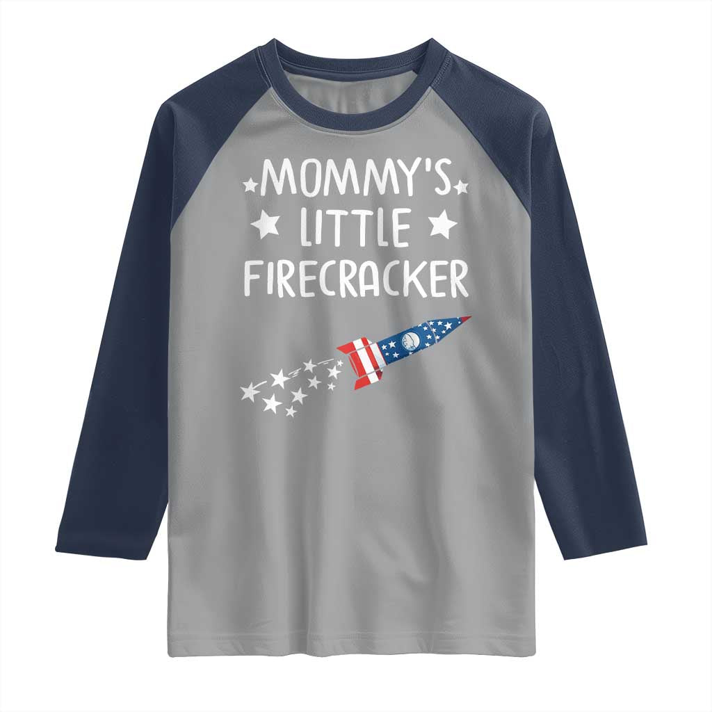 Mommy's Little Firecracker 4th of July Raglan Shirt Patriotic American Flag TS10 Sport Gray Navy Print Your Wear