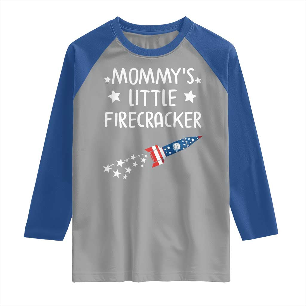 Mommy's Little Firecracker 4th of July Raglan Shirt Patriotic American Flag TS10 Sport Gray Royal Print Your Wear