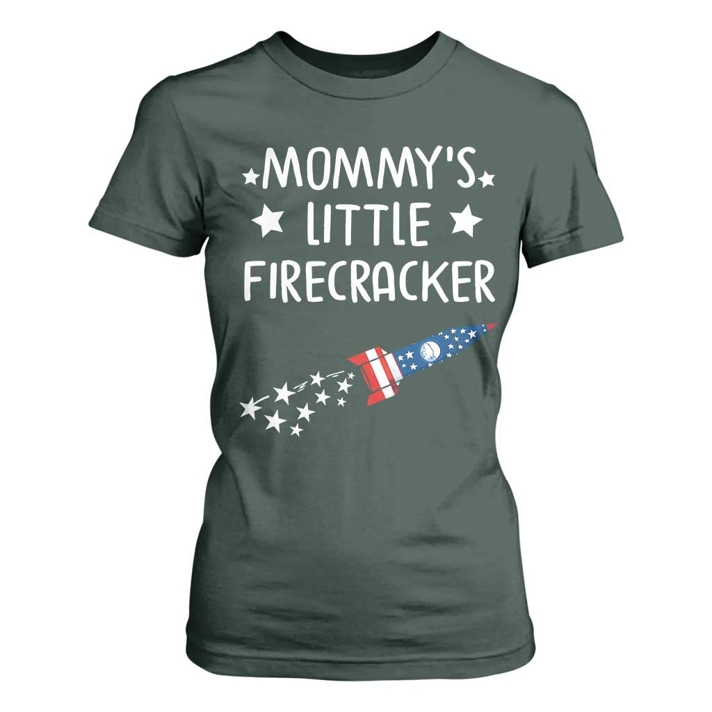 Mommy's Little Firecracker 4th of July T Shirt For Women Patriotic American Flag TS10 Dark Forest Green Print Your Wear