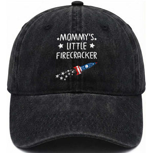 Mommy's Little Firecracker 4th of July Washed Cotton Baseball Cap Patriotic American Flag TS10 Washed Cap Universal Fit Black Print Your Wear