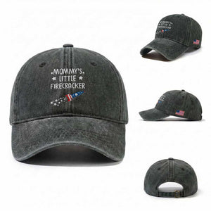 Mommy's Little Firecracker 4th of July Washed Cotton Baseball Cap Patriotic American Flag TS10 Washed Cap Universal Fit Dark Green Print Your Wear