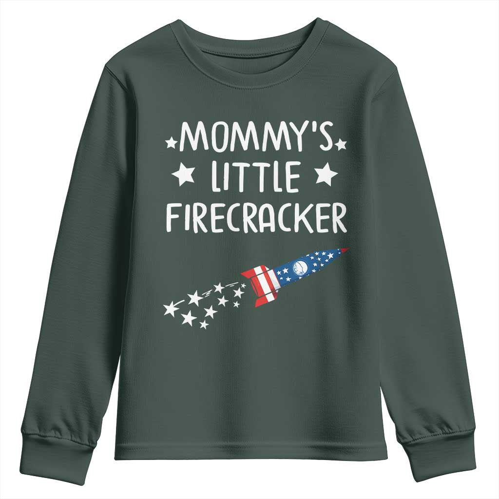 Mommy's Little Firecracker 4th of July Youth Sweatshirt Patriotic American Flag TS10 Dark Forest Green Print Your Wear
