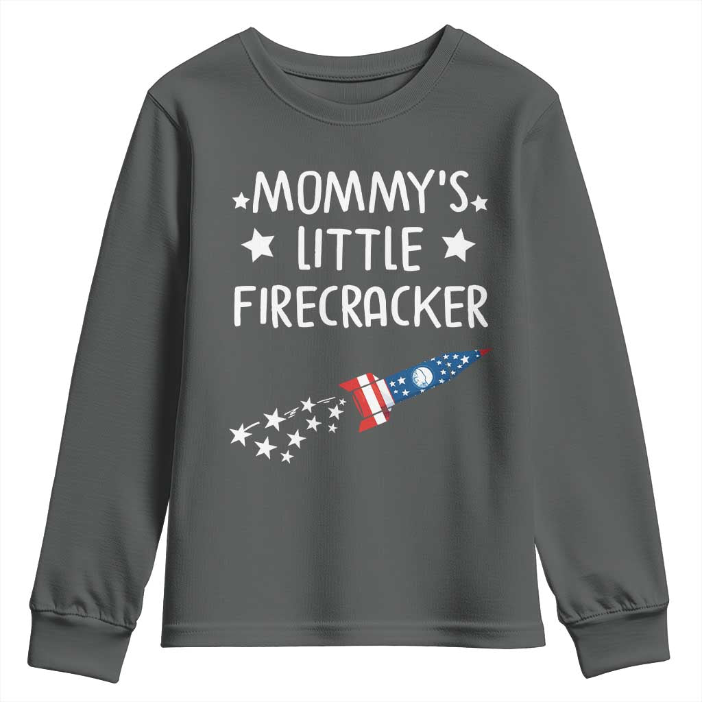 Mommy's Little Firecracker 4th of July Youth Sweatshirt Patriotic American Flag TS10 Dark Heather Print Your Wear